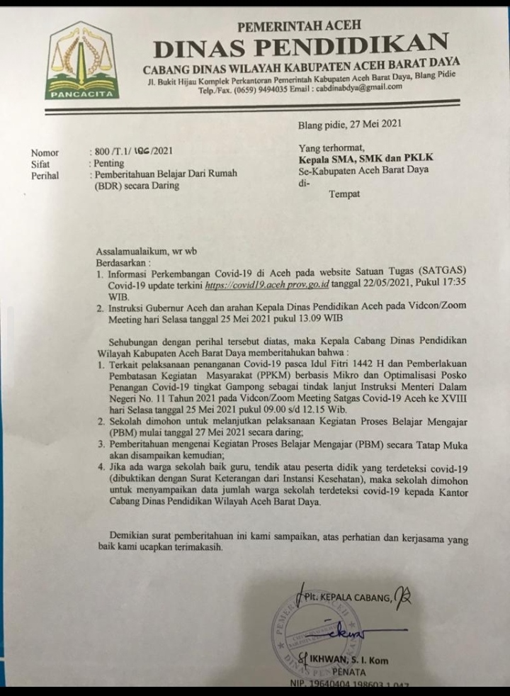 Mulai Tanggal 27 Mei, Kegiatan Belajar Tatap Muka di Abdya Ditiadakan