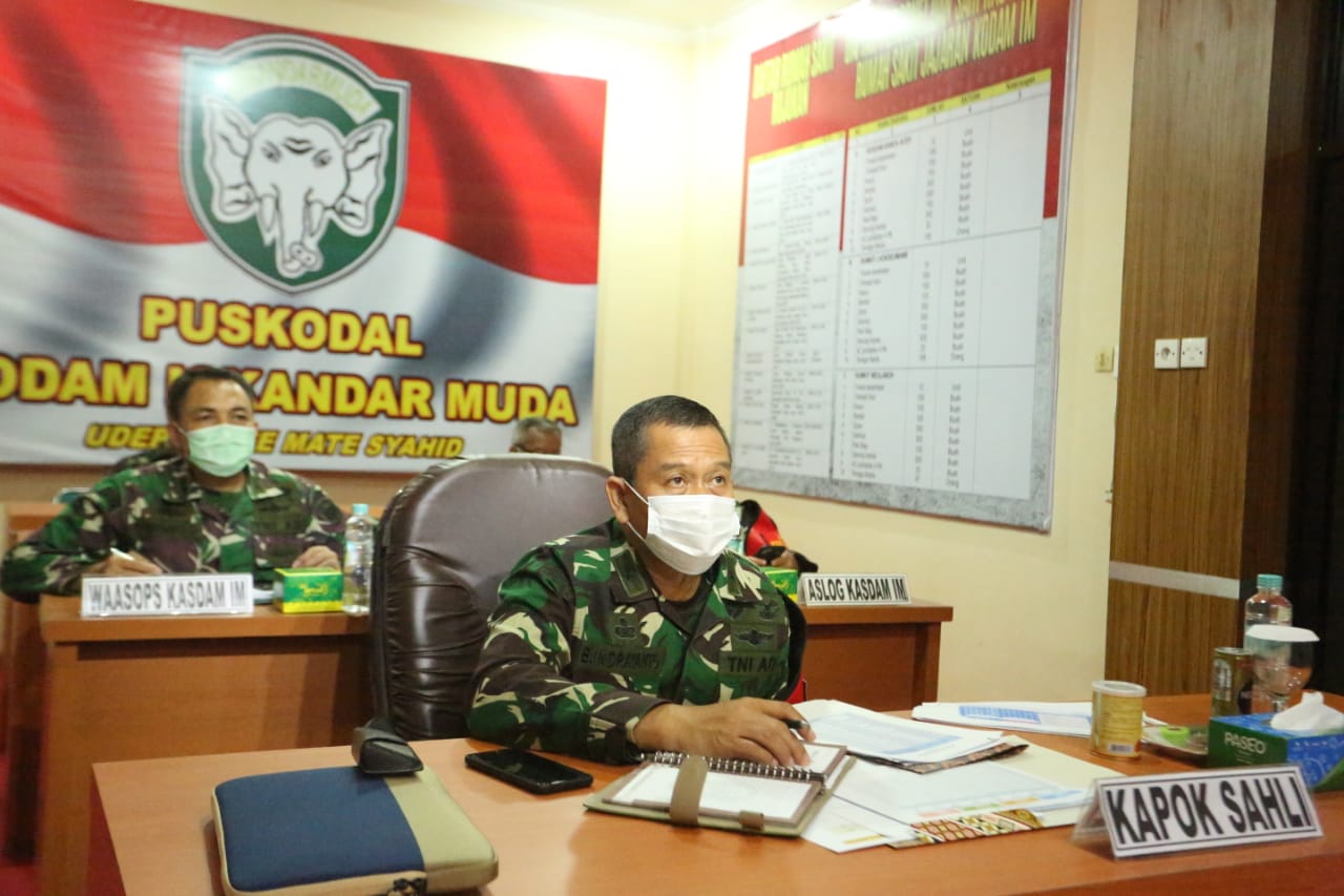 Kapoksahli Pangdam IM Ikuti Rakor Virtual Bersama Ketua Satgas Penanganan Covid-19 Nasional